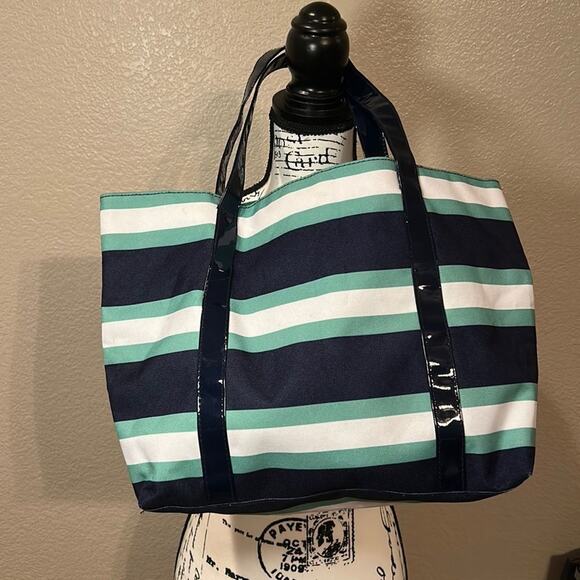 Estee Lauder navy & teal stripped leather strap tote - Picture 1 of 4